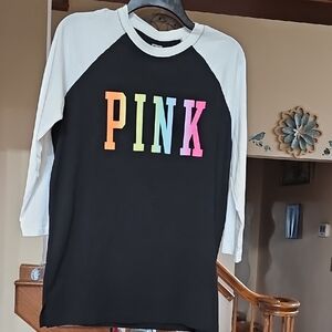 PINK Victoria's Secret Black and White Tee With Rainbow Hued Logo